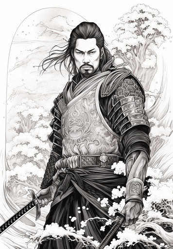 Free Japanese swordsman tattoo, pointillist style