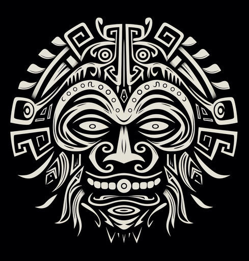 Tribal face in the shape of a circle, in the style of Aztec art