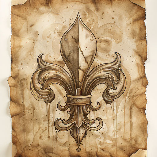 Vintage tattoo sketch of a fleur de lis on aged parchment