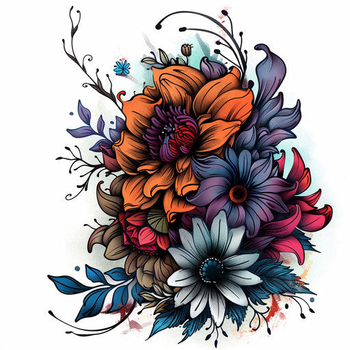 Fantasy flower bouquet in surreal tattoo style