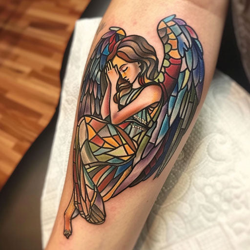 Guardian angel tattoo in stained glass style with vibrant colors