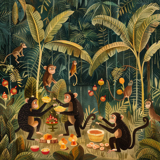 Festive monkeys celebrating a harvest festival in the jungle