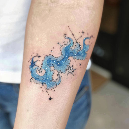 Tranquil flat tattoo sketch of the Aquarius constellation with gentle, flowing watercolor waves