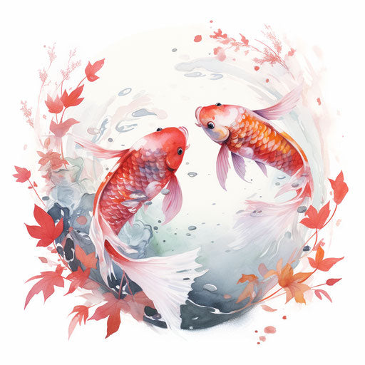 Two colorful fish in Zen calligraphy style