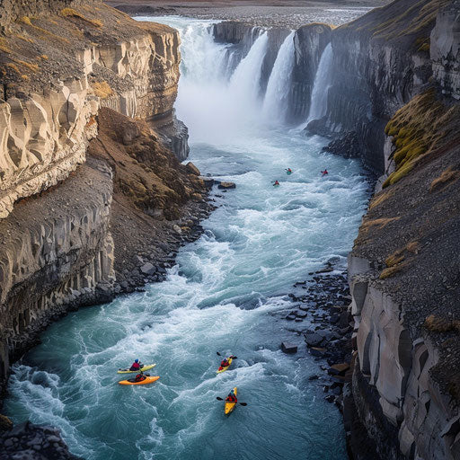 Gullfoss Falls in Iceland with kayakers