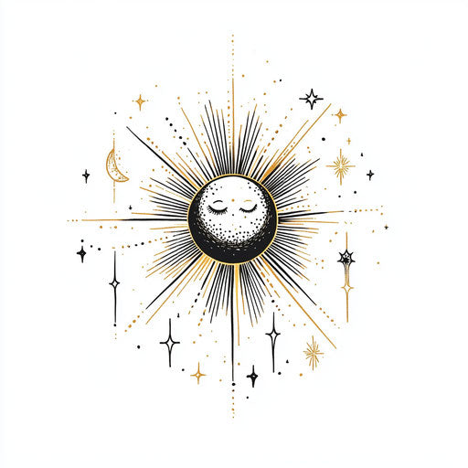 Small meaningful tattoo sketch for females in clipart style with tiny golden sun and rays on white background