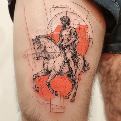 Dynamic flat tattoo sketch of Marcus Aurelius on horseback
