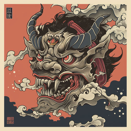 Flat tattoo sketch of a Japanese demon with fierce Oni mask