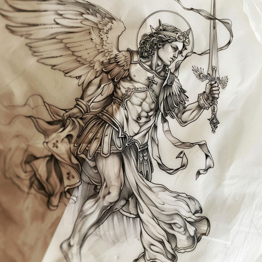 Art Nouveau inspired tattoo of Saint Michael, flowing lines and natural motifs