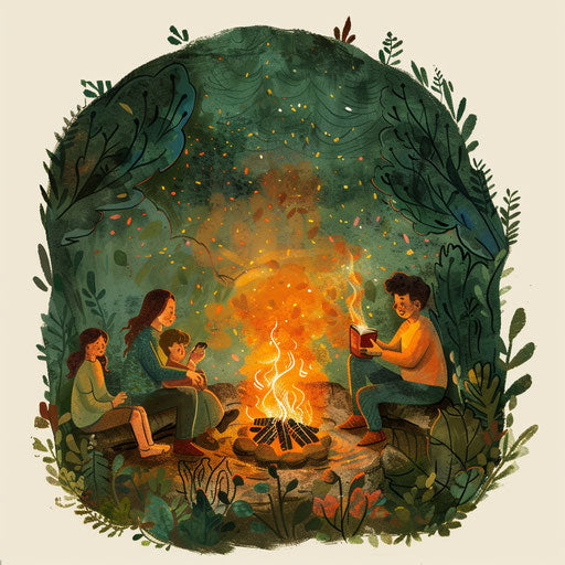 Campfire scene with a family sharing stories