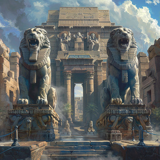 Mythical lions guarding an ancient temple