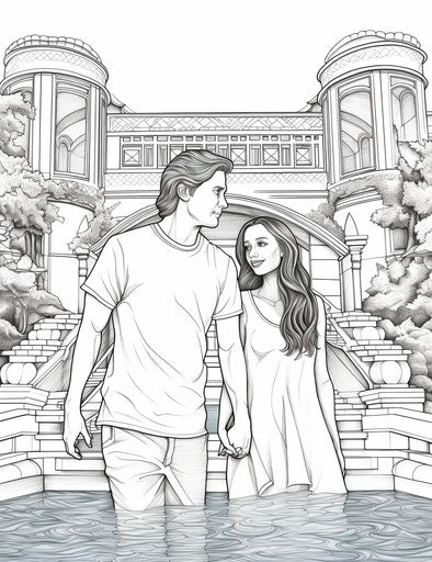 Young couple in the pool coloring page