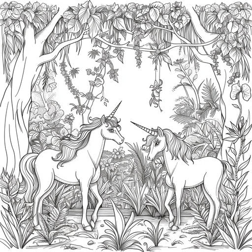 The enchanted forest with unicorns and magical plants