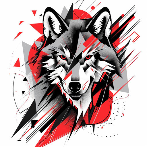 Bold tattoo sketch of dynamic red and black geometric wolf