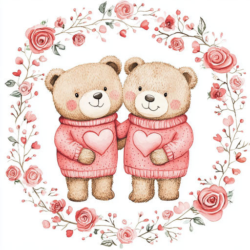 Adorable teddy bear couple surrounded by pink roses