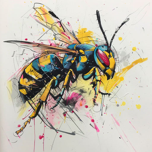 Expressionist sketch of a wasp with bold strokes and vibrant splashes of color