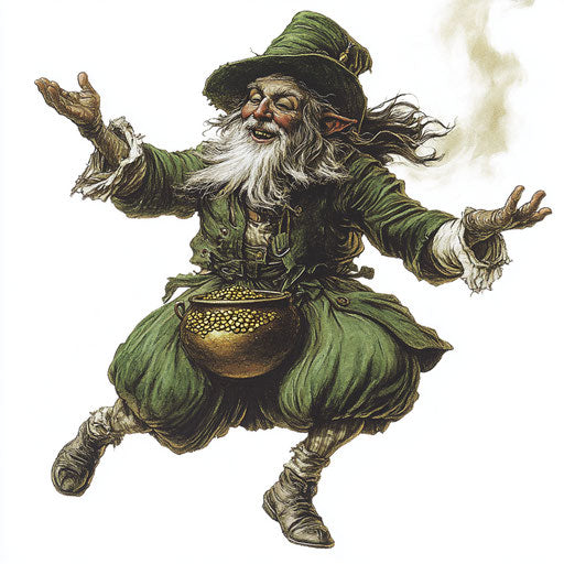 Leprechaun dancing with a pot of gold