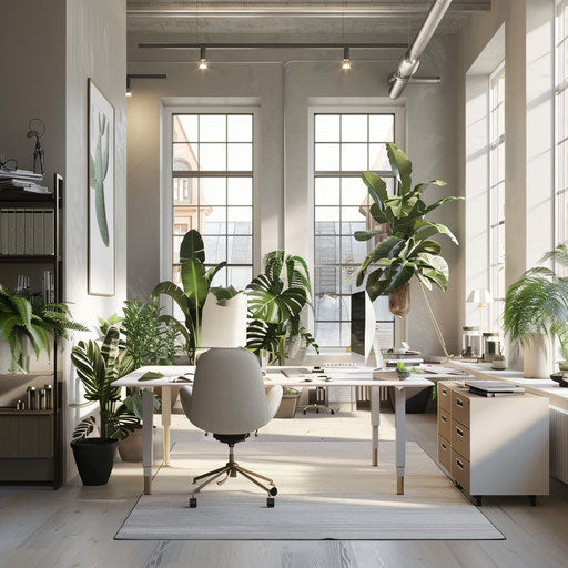 Serene office space with plants and modern Scandinavian furniture