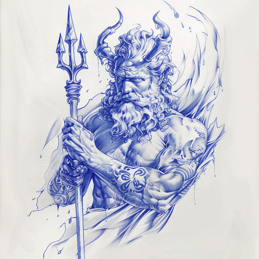 Sketch of a navy tattoo depicting Poseidon with his trident in a classic mythological art style on white background