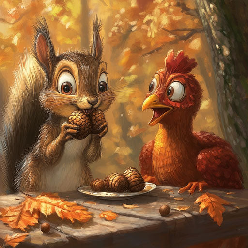 A bushy-tailed squirrel filling its cheeks with acorns at a Thanksgiving feast, while a turkey looks on in confusion.