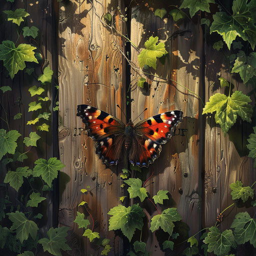 Red admiral butterfly on rustic wooden fence surrounded by wild ivy and ferns