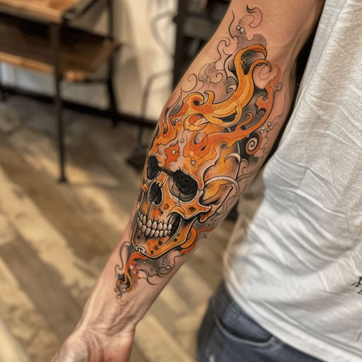 Flaming skull tattoo for men, in the style of Ed Hardy