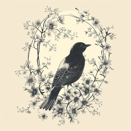 Elegant tattoo sketch of a blackbird surrounded by delicate white floral motifs
