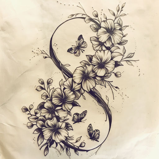 Tattoo sketch of a floral infinity symbol with butterflies for wrist coverup tattoo for women