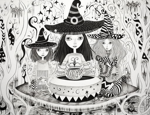 Witches in a pot coloring page