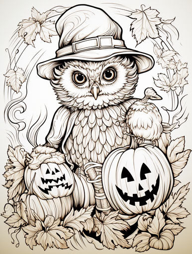 Coloring page with scarecrow and owl