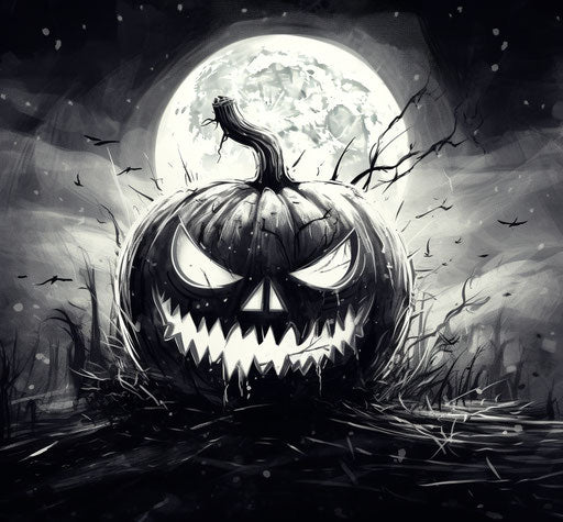 Jack O'Lantern pumpkin in black and white, captivating