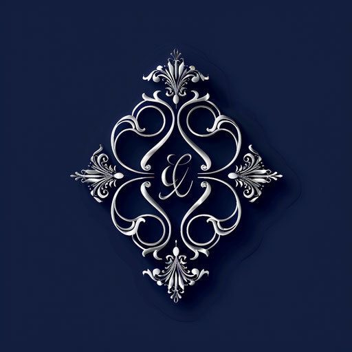 Logos with monogram and delicate filigree, silver accents on dark blue