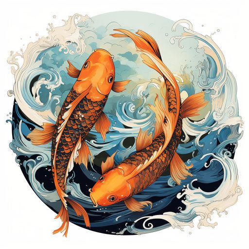 Yin and Yang: koi fish with waves in the background