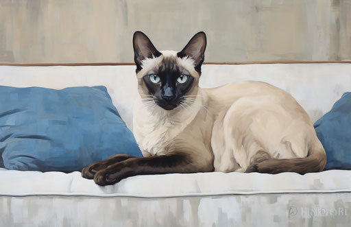 Siamese cat with blue eyes sitting on a couch