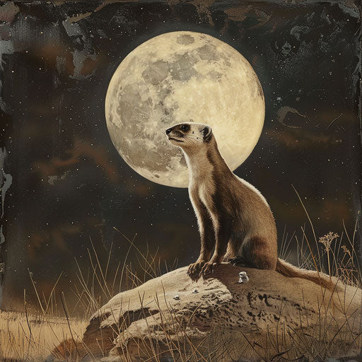 Black-footed ferret hunting prairie dogs under full moon