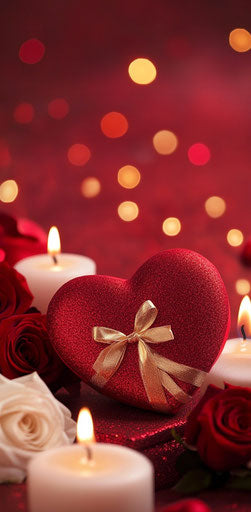 Red heart-shaped box with gold ribbon, surrounded by candles and roses
