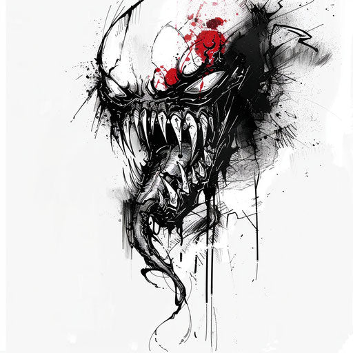 Abstract tattoo sketch of venom dripping from fangs, flat style in monochrome with a splash of red