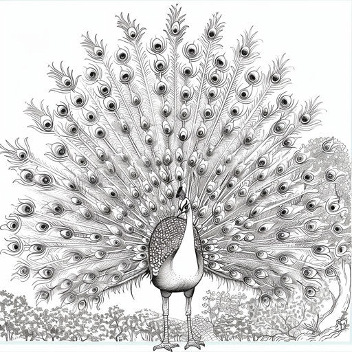 Colorful peacock in spring garden, detail - coloring book