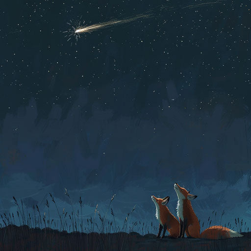 Poignant foxes admiring shooting star in night sky