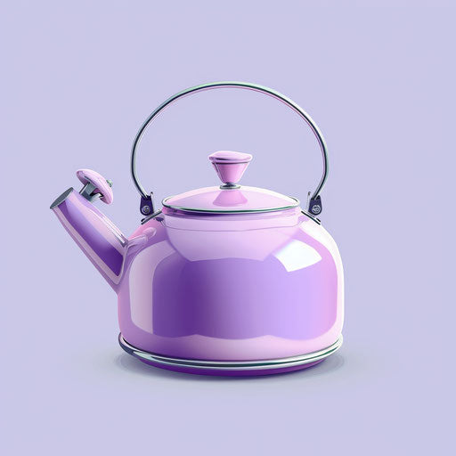 Soft lavender flat backdrop, realistic kettle clipart with shimmering gloss