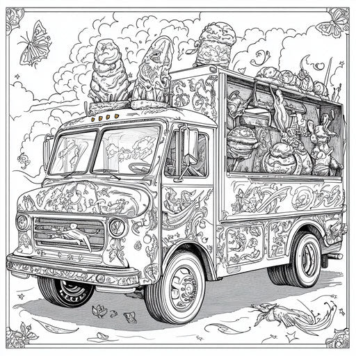 Fantasy ice cream truck with magical creatures, Raqib Shaw style