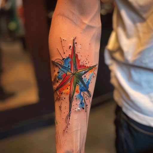 Graffiti-style nautical star tattoo with splash of bright colors