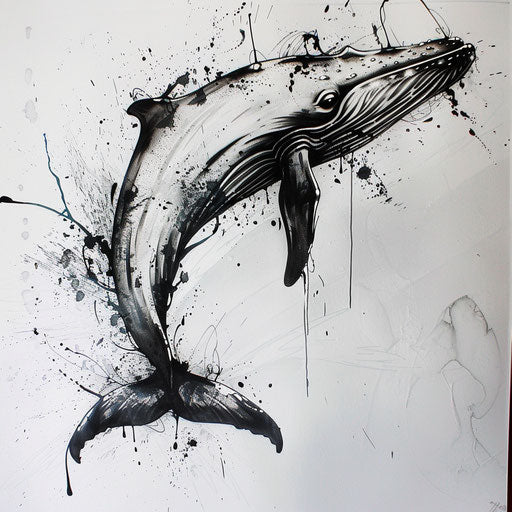 Contemporary sketch of a whale with abstract splatter and drip effects in black ink