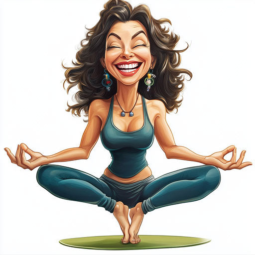 Humorous caricature of a yoga clipart with human characteristics, exaggerated smile, long legs, floating in the air, vibrant colors, cartoon style, pointing, high resolution, isolated