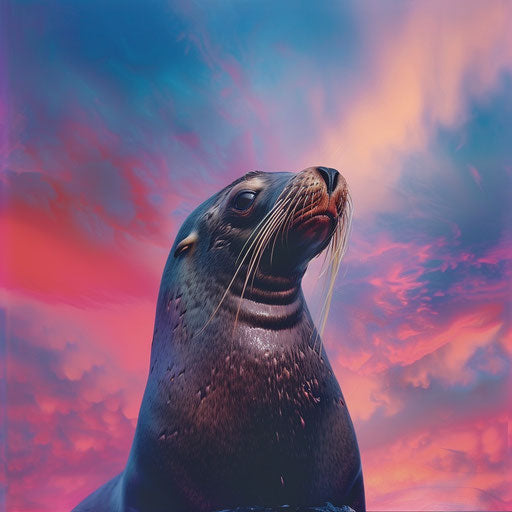 Sea lion in colorful sky, dynamic and vibrant