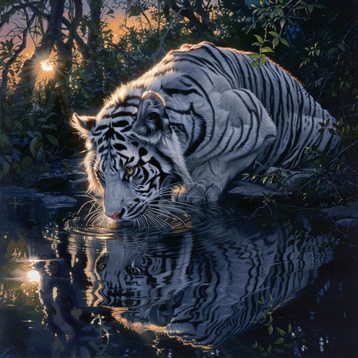 The white tiger captured at dusk, drinking from a tranquil river