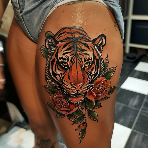 Hip tattoo of a tiger, in the style of Ed Hardy