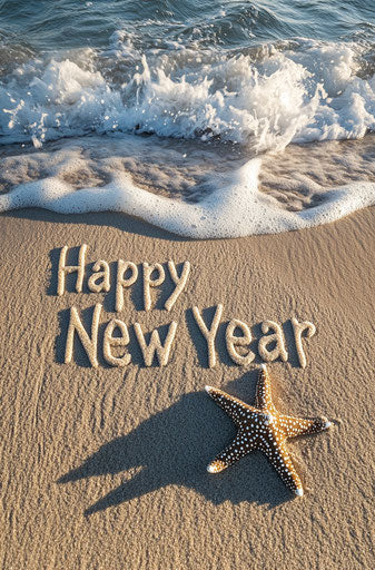 Serenity of New Year on empty beach with starfish