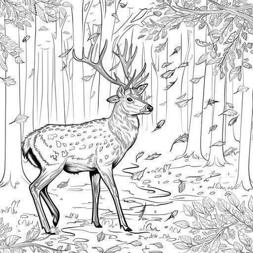 Deer walking in an autumn forest with falling leaves
