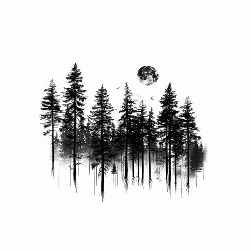Minimalist forest tattoo design, with a simple row of pine trees under the moonlight, on a clean white background.